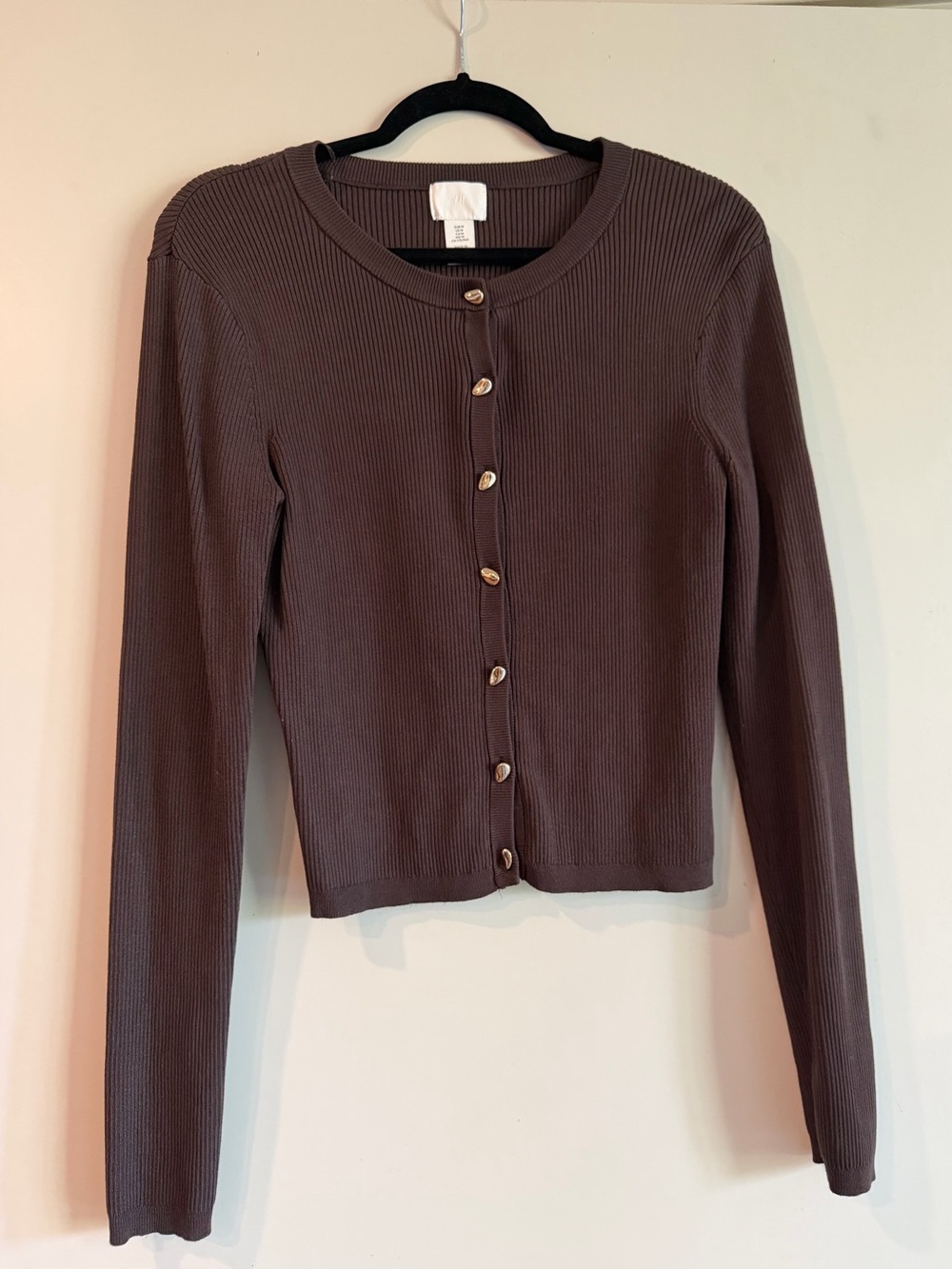 H&M brown long sleeve button up ribbed cardigan top with gold buttons - Size M - Picture 4 of 6